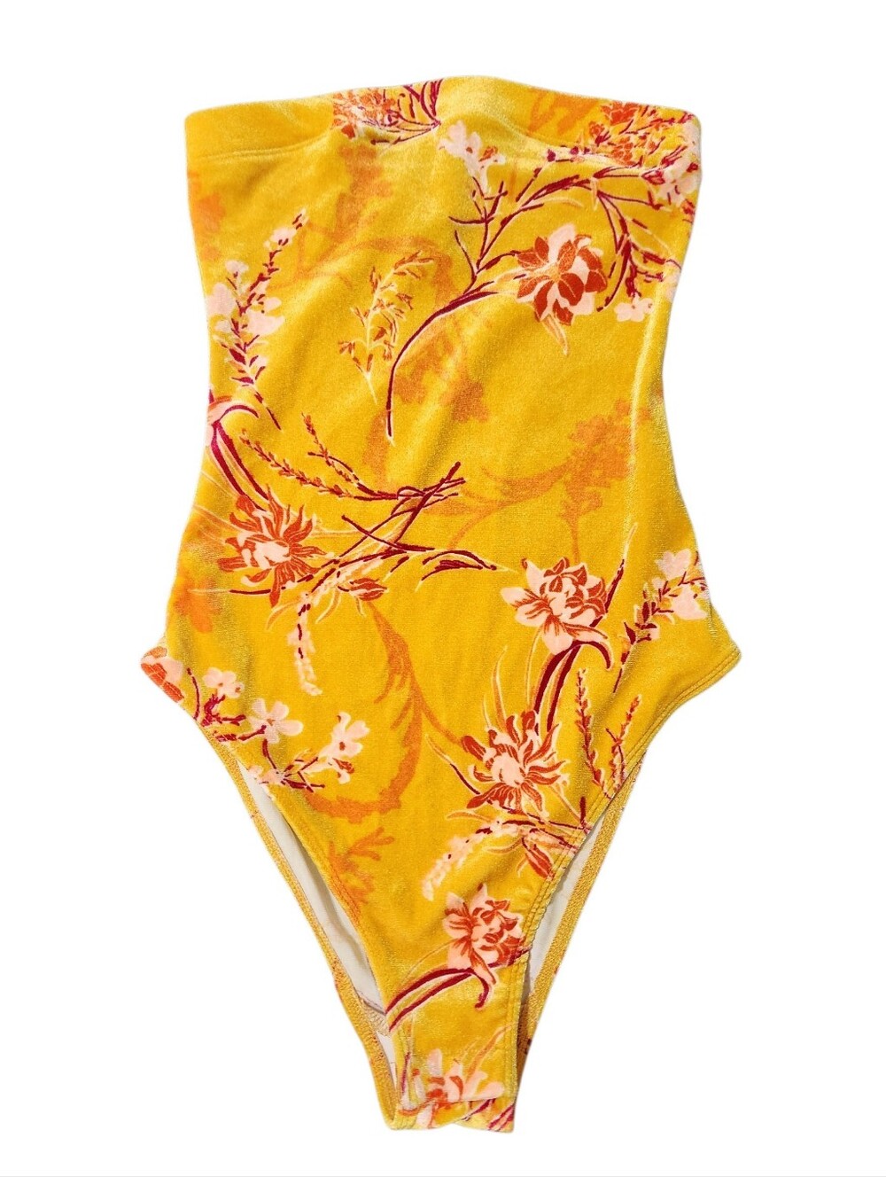 Urban Outfitters Velvet Floral Snap Bottom Bodysuit Small Mustard Yellow Red